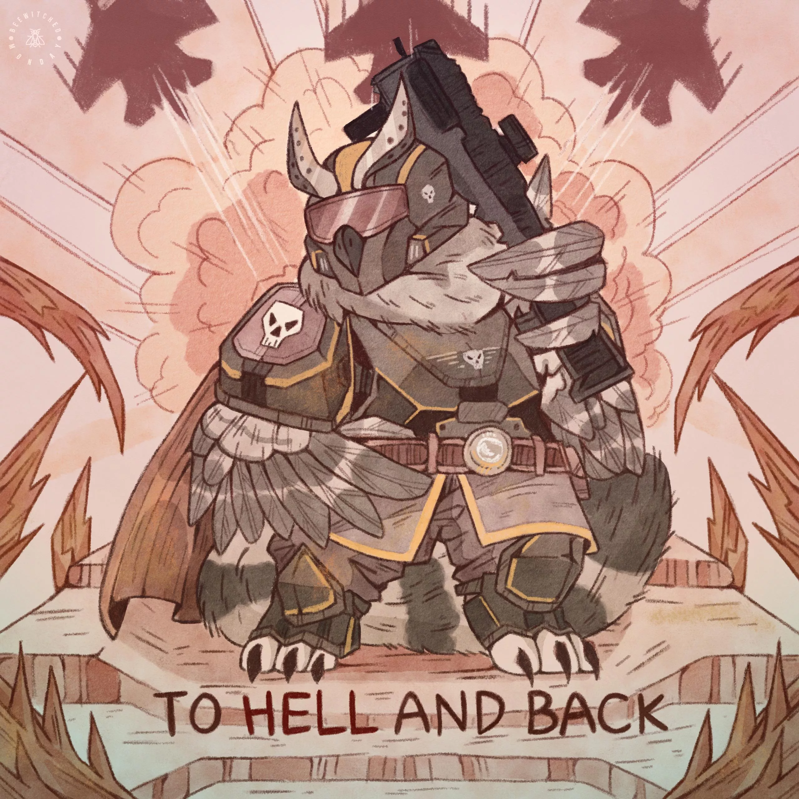 It's my husband's birthday today, and he's been really into Helldivers 2 lately, so I drew his fursona as a cool democracy-bearing bird he is x3 posted by beewitched_monday