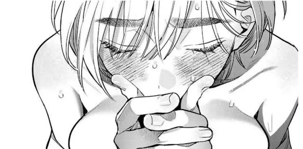 LF Mono Source: 1girl, armpit crease, bare shoulders, blush, breast press, close-up, closed eyes, collarbone, eyelashes, face, from above, hair between eyes, implied fellatio/implied blowjob, interlocked fingers, large breasts, own hands clasped, own han by HentaiSource_Archive