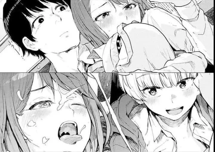 Mono 1boy, 1girl, 2girls, black hair, blunt bangs, bra, close up, cum on face, ejaculation, face, from below, hoodie, large breasts, light hair, looking at another, one eye closed, open mouth, open shirt, projectile cum, short hair, tongue out, undressin posted by HentaiSource_Archive