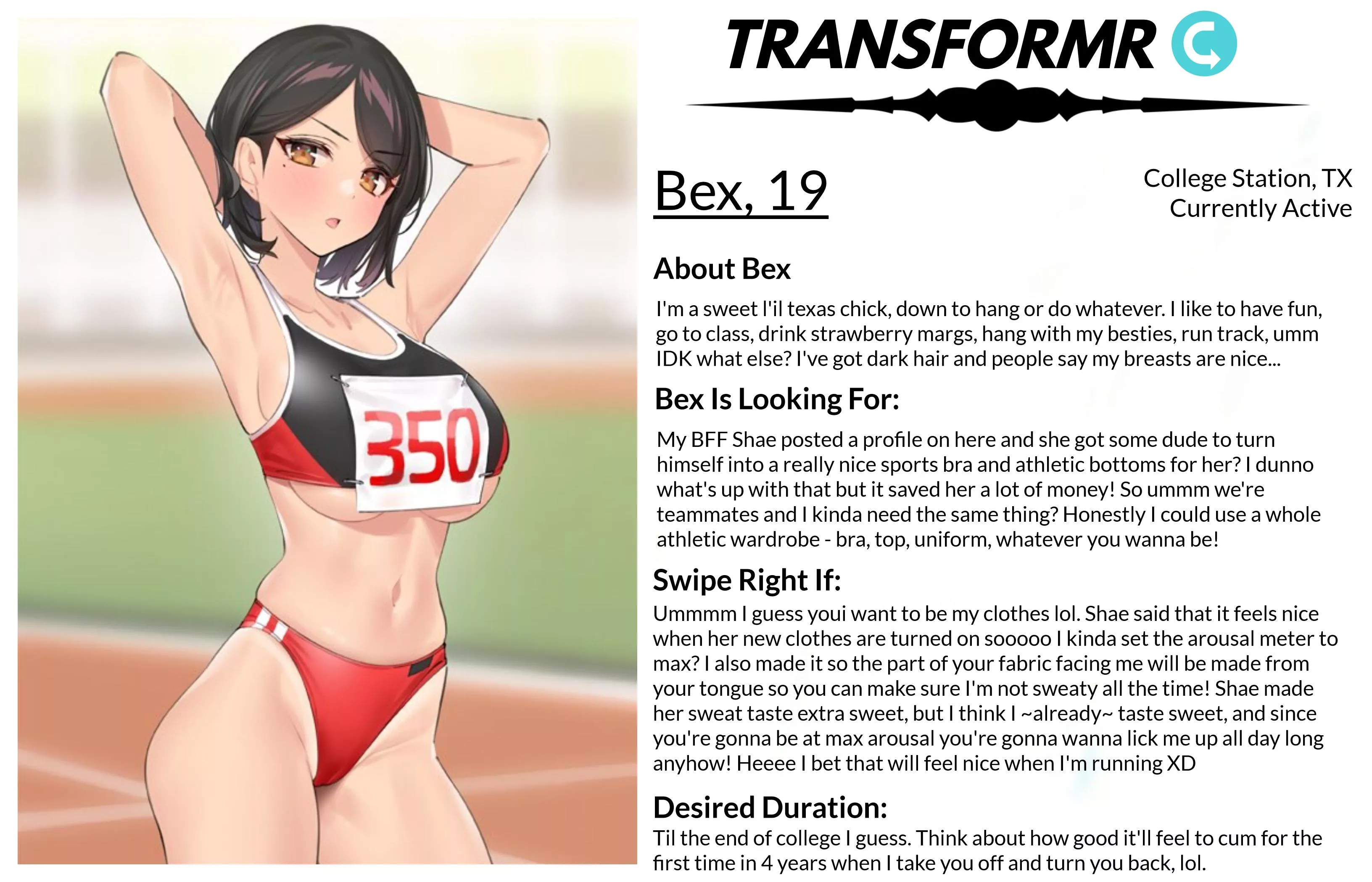 Transformr Profile: Bex [Caption, Inanimate, Clothing-TF] by SloaneIvy posted by Xander178