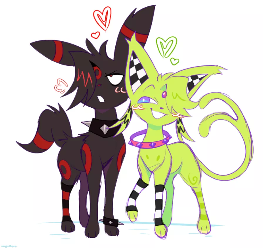 sceneon and emobreon (my art/ocs) posted by angellfacee