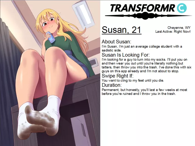 Transformr Profile: Susan [Inanimate, Caption, Clothing, Socks-TF] by TransformedDestiny by Xander178