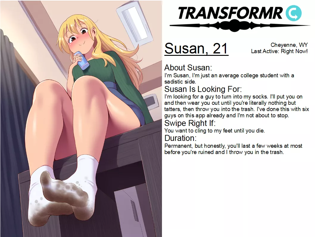 Transformr Profile: Susan [Inanimate, Caption, Clothing, Socks-TF] by TransformedDestiny posted by Xander178