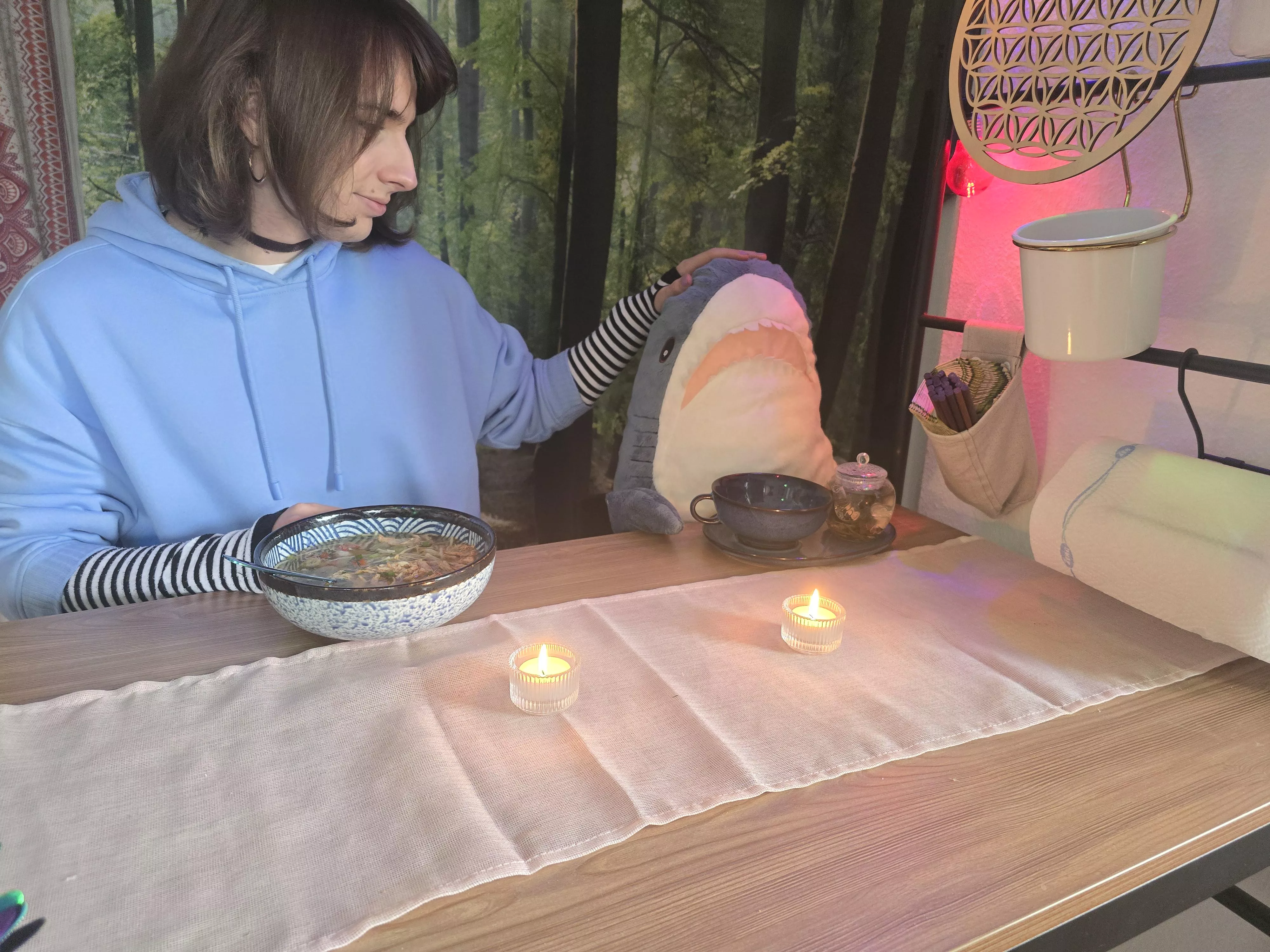 eating a healty soup and drinking tea with blahaj cuz no one is free XDDD posted by Donut_Creamfilled