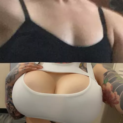 Flat chested A cup(2018) to H cup(current) you can definitely tell I get more stares at the gym now by inkedcosplaygirl