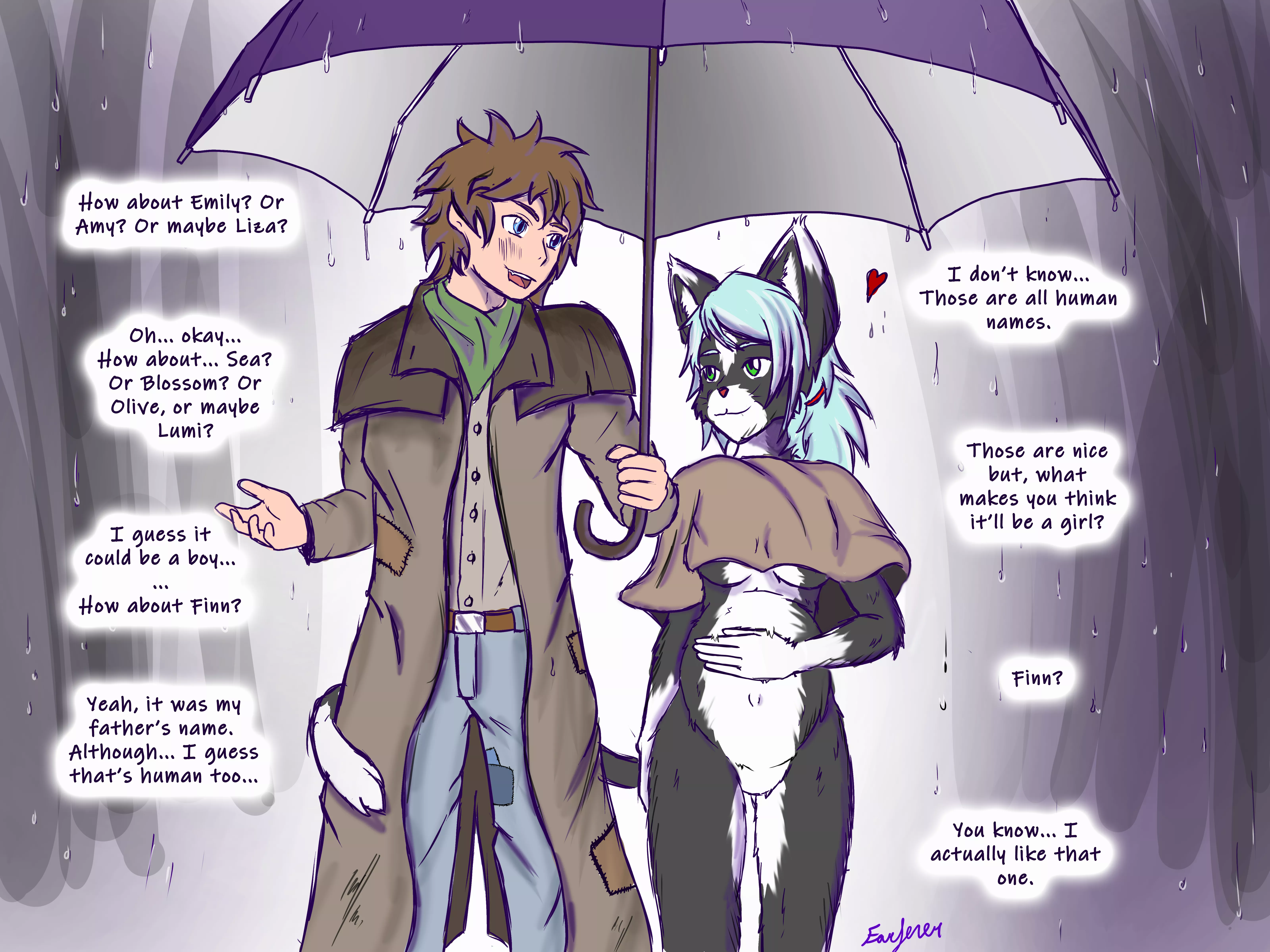 Aerya and Dylandy discuss baby names. The child may not be his, but Dylandy is very excited about being a dad. Art by me, just a quick sketch I threw together. posted by Farfener