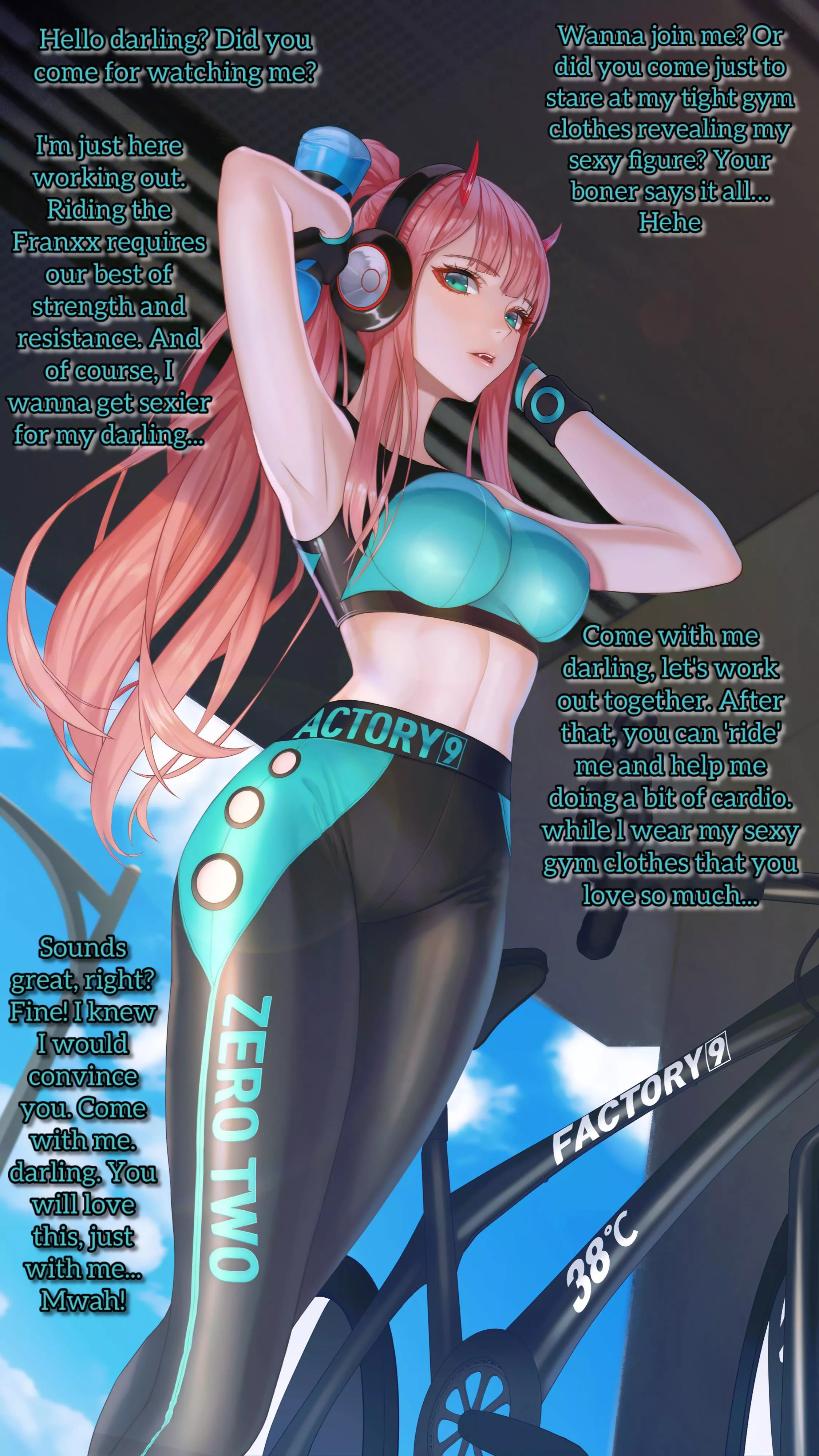 Zero Two starts training! [Non human?] [Monster girl?] [Gym clothes] [Invitation] [Kinky] [Implied sex?] [Loving] posted by Dark_Chepo