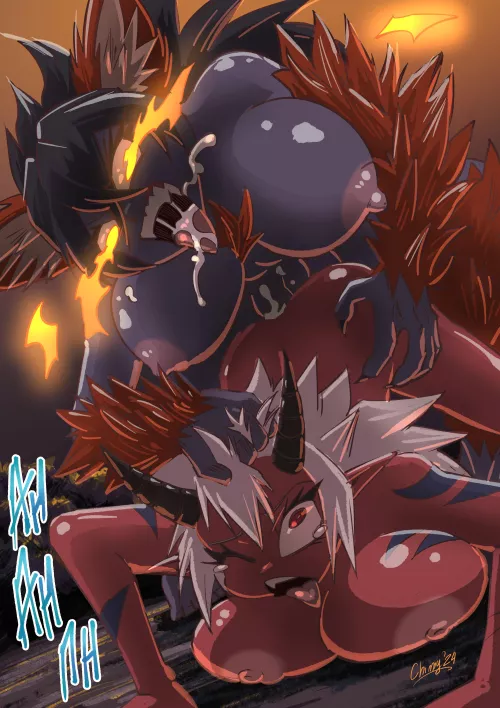 Futa Hellhound x Oni girl coloured by ChimyArt