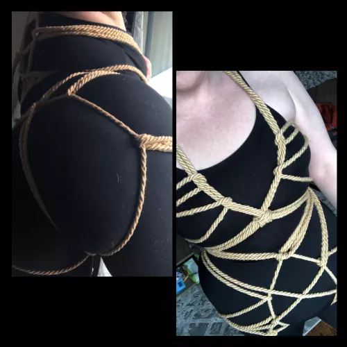 Little front and back of what I worked on today! Different rope but similar style ties to what I’m getting used to! by ComputerSaysNo-