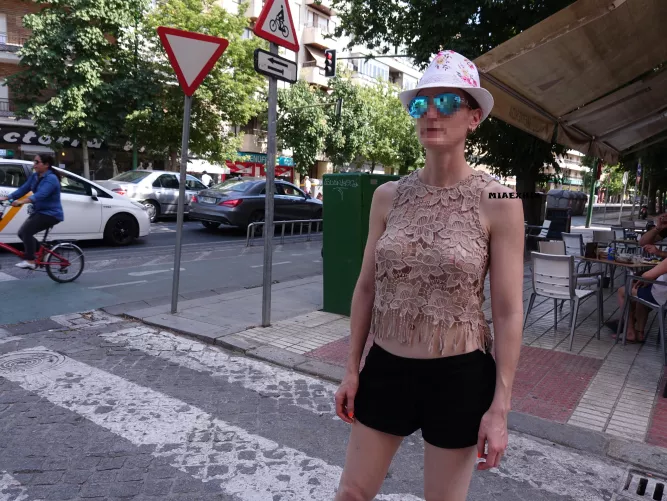 Taking a walk in the city with my nipples showing through my top by miaexhib