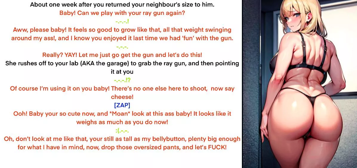 She’s very persuasive [size theft][ass expansion][shrinking POV][ray gun][imminent sex][wife][seduction?][AI generated art] posted by Informal_Ad9951