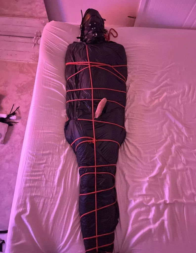 you cum hardest when mistress  is in charge and your in strict bondage , This slut is hooded , gagged ,plugged and has been milked out by mistresses milking wand   once I’ve recaged his clitty he’s sleeping in the bondage bag <3 posted by Ldsfemboy