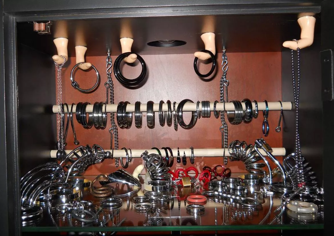 Here’s a small sample of my rings and cages….. I have a few…  posted by Penisplugsablaze