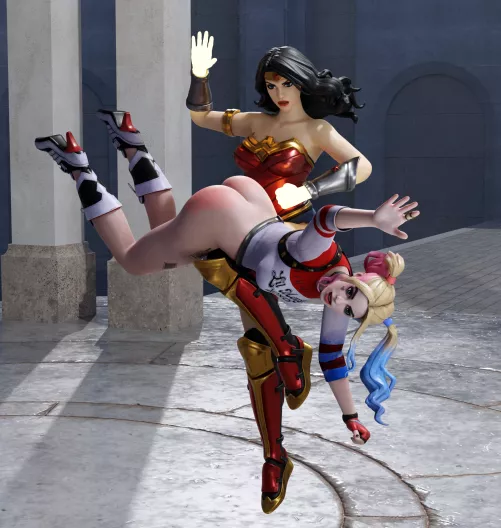 Wonder Woman spanking Harley Quinn (KinkBlink) [DC] by paradigmspace