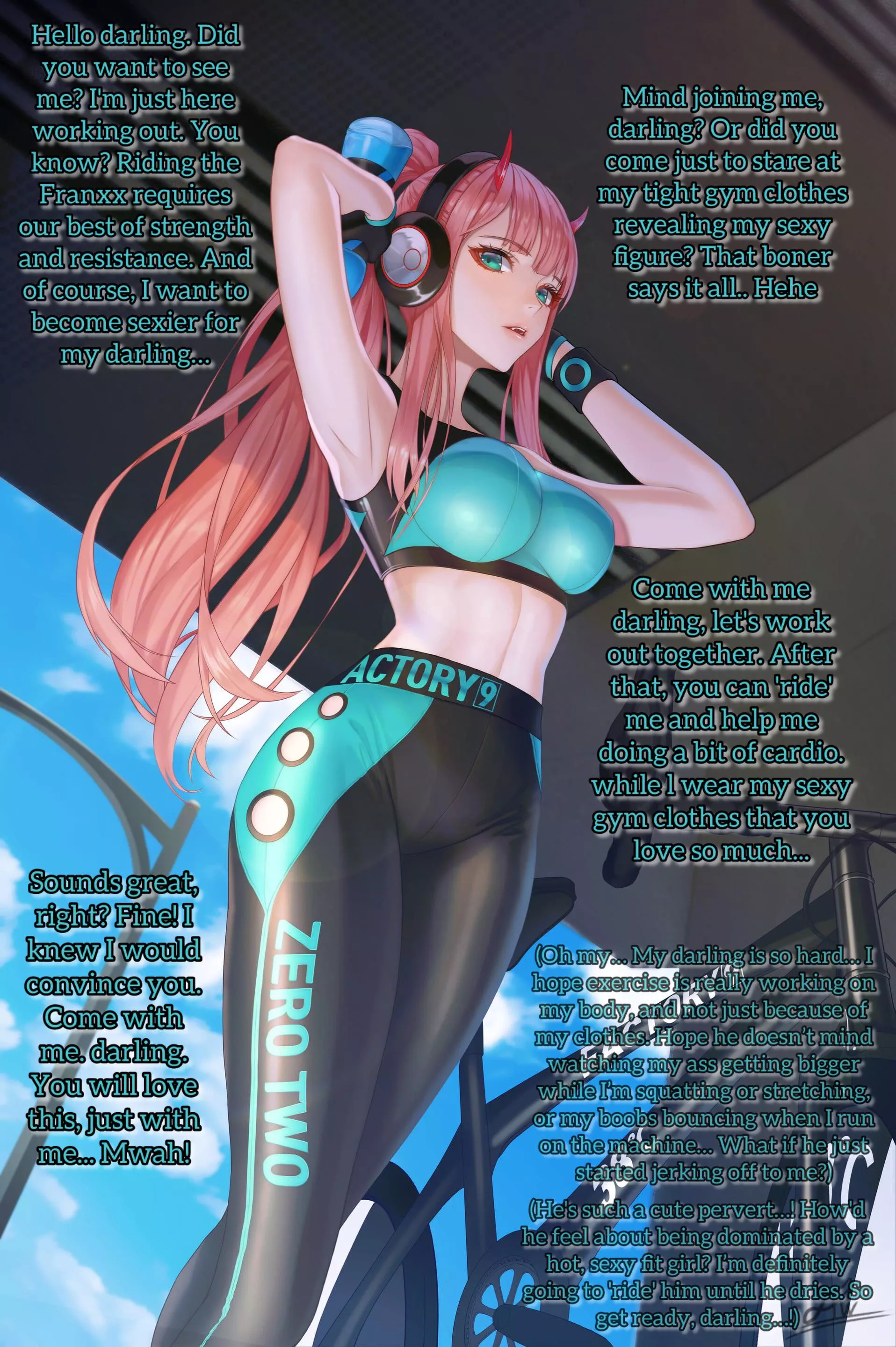 Fitness Zero Two! [Monster? girlfriend] [Gym clothes] [Invitation] [Kinky & loving] [Implied sex & femdom?] posted by Dark_Chepo