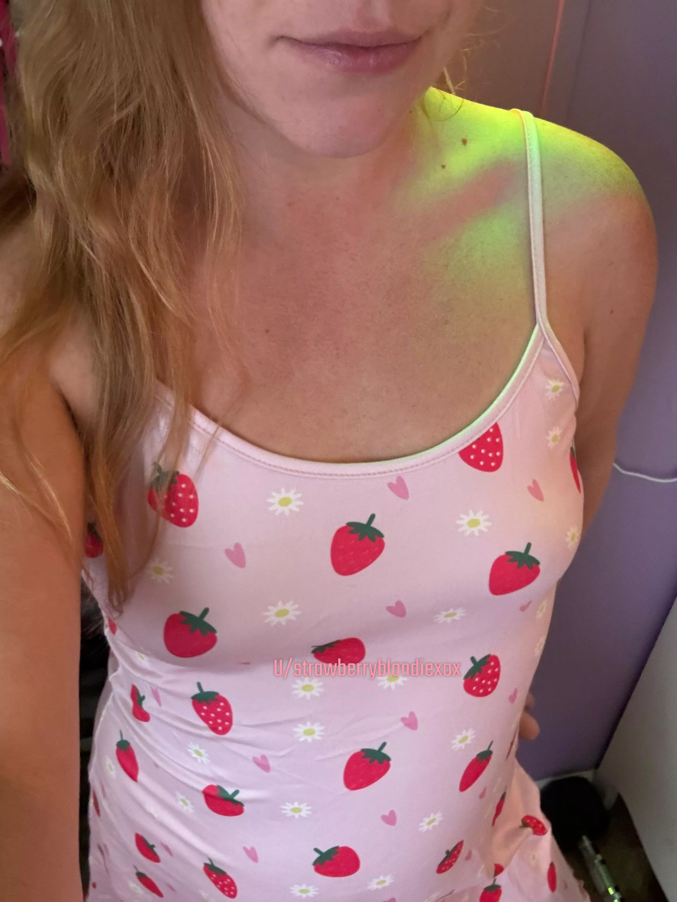 Braless in my strawberry dress.  posted by StrawberryBlondiexox