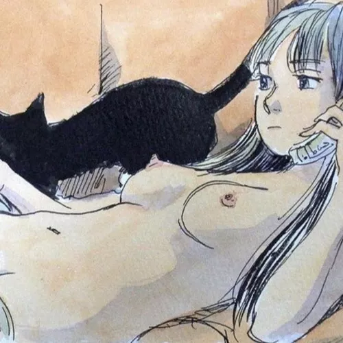 LF Color Source: Sketch, Rough sketch, white hair, black cat, emotionless, breasts, phone, talking on the phone, lying down, face by hhpog