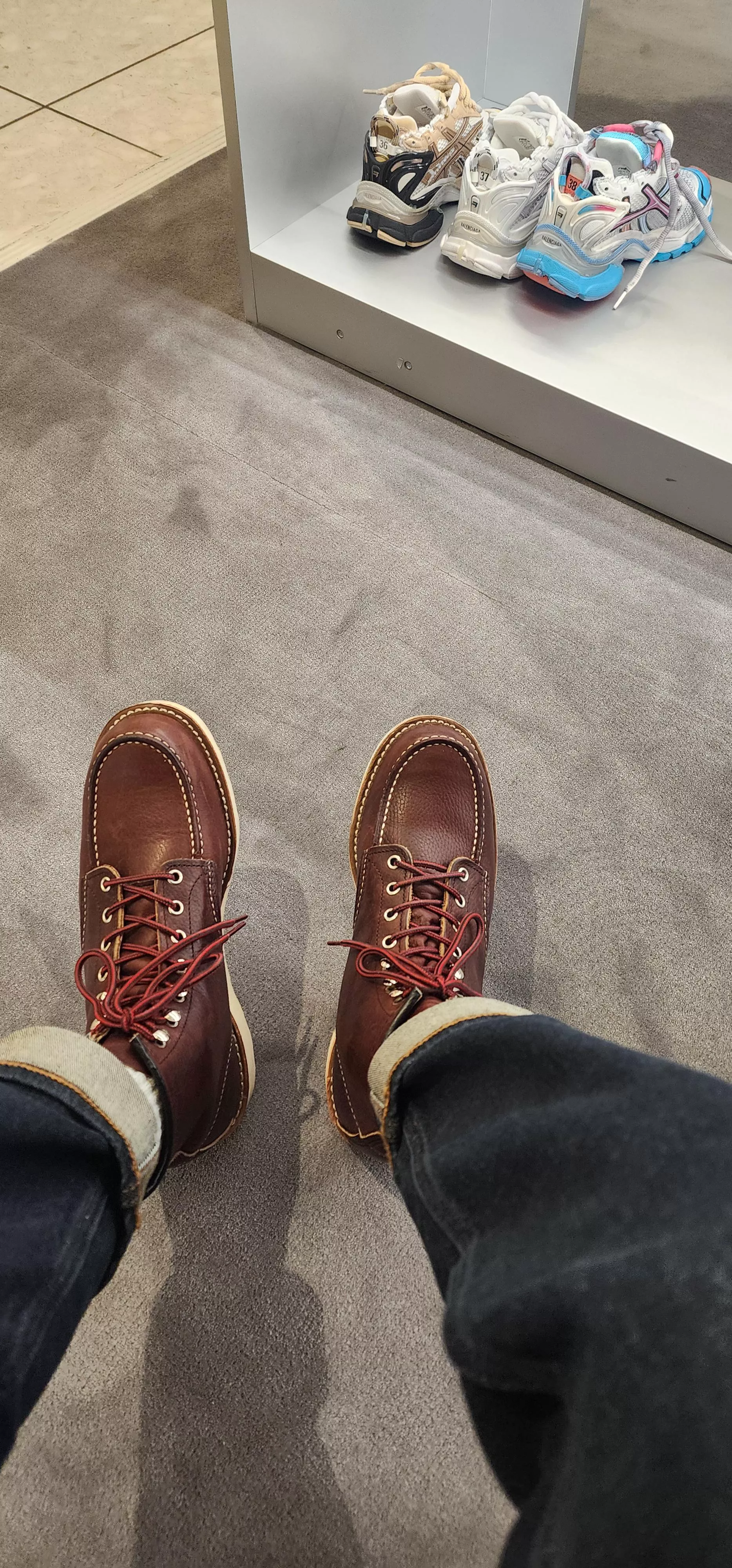 Redwing Moc toes at Holt Renfrew and Balenciaga in the background.  posted by mikey_flipside