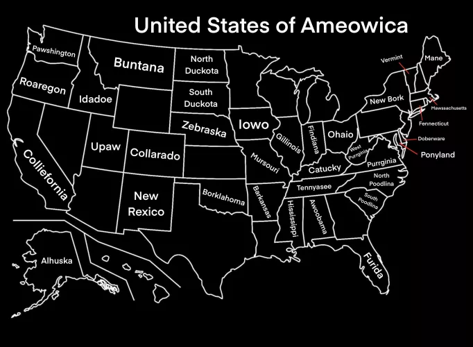 Im working on making a furry-themed map of the US partly as a joke and partly as a version of Earth my furry cannons will take place. Its incomplete but Id love some suggestions and if u have better ideas than what i did (OC) by Chase_Has_Autism
