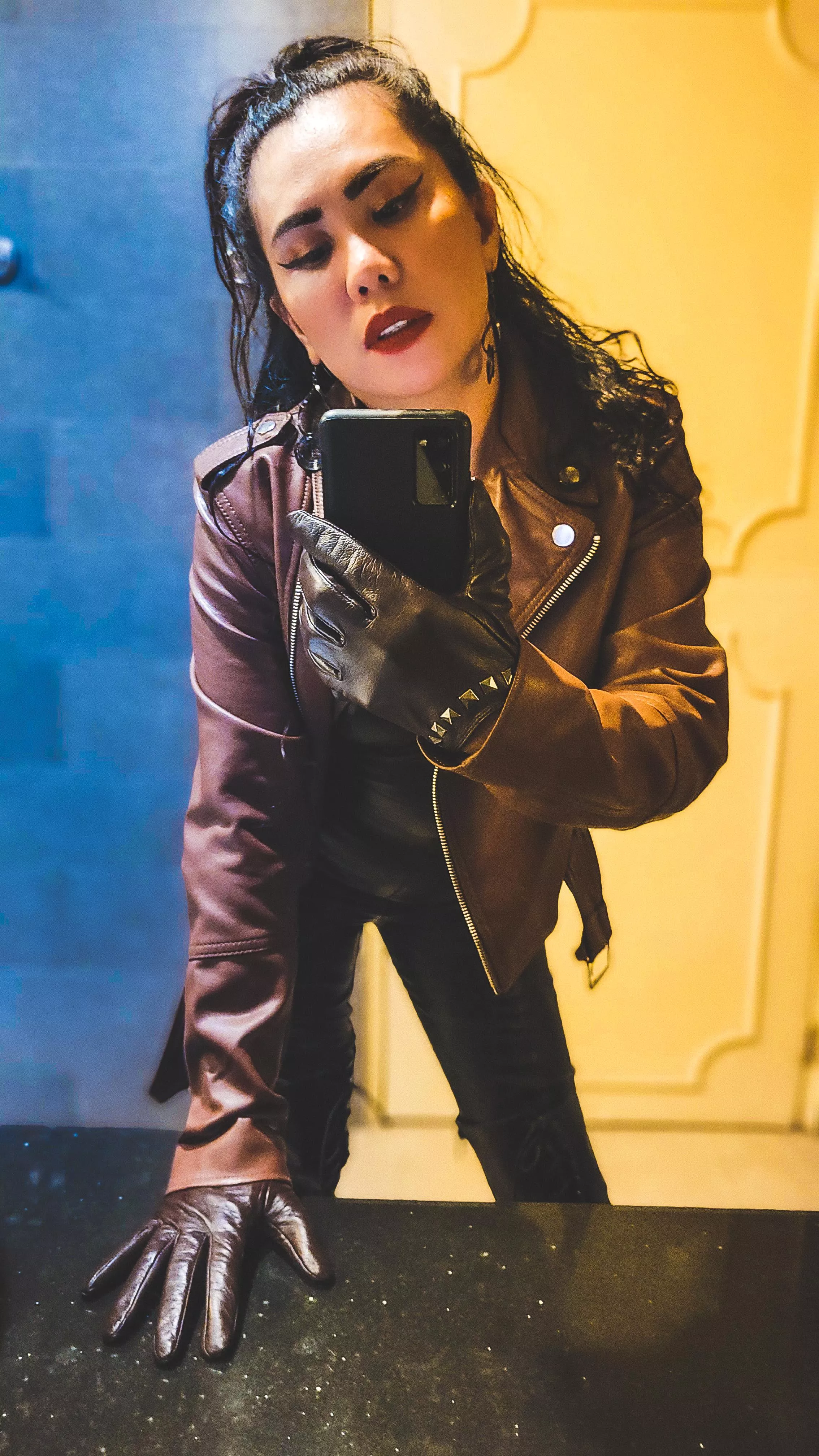 Leather Jacket and Gloves! :) posted by Domina_Fire