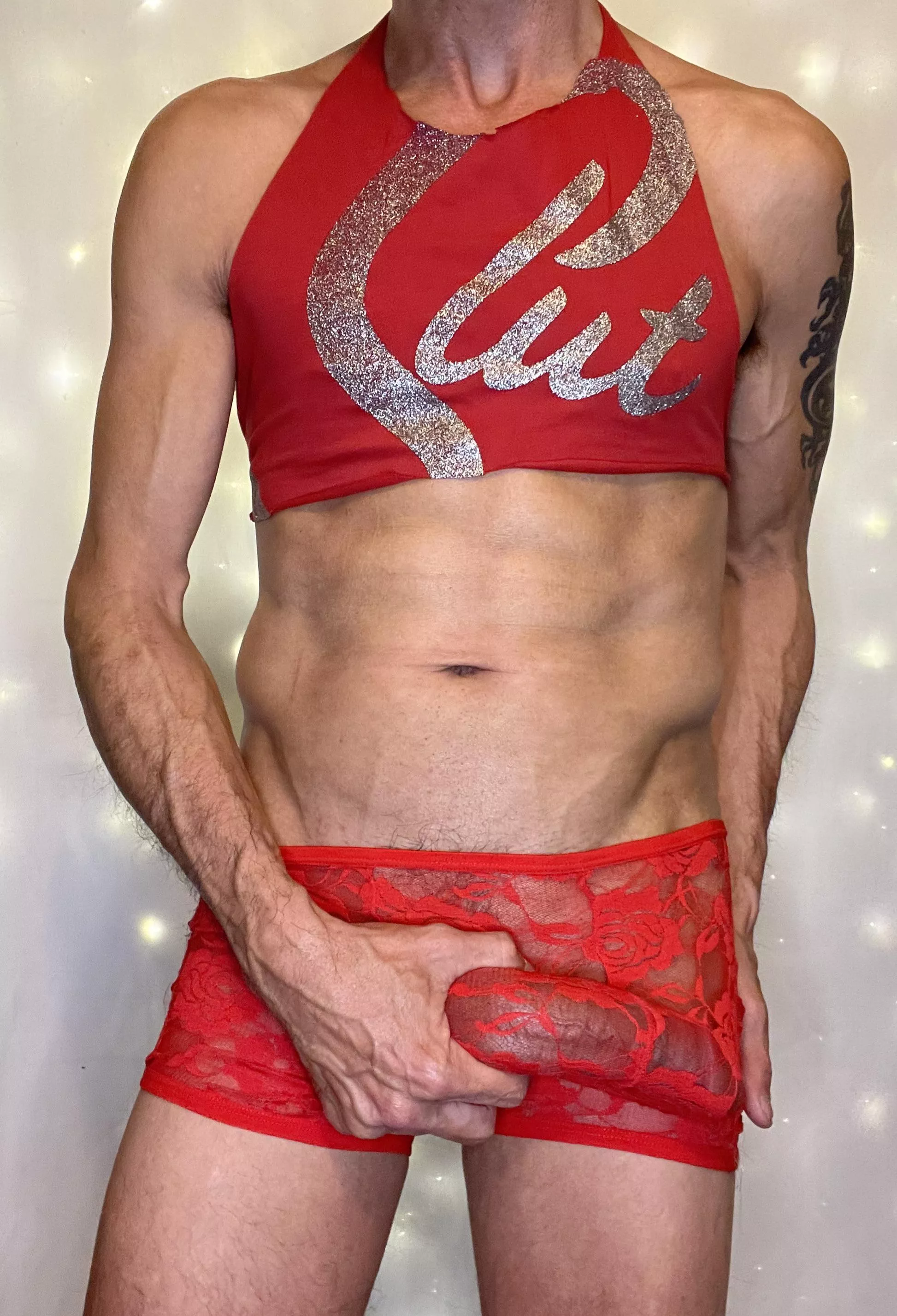 Red lace and glitter top posted by ChrisGliderXX