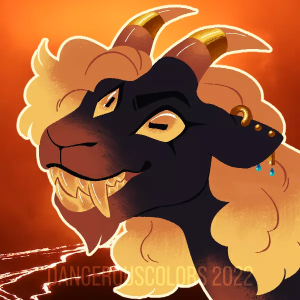 [OC] Quick lineless piece of my sona VAIN from 2022! He's a demon made of gold and volcanic sand that crawled out a volcano one day and acts as a prophet of disaster. posted by dangerouscolors