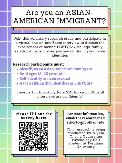**Are you a Heterosexual Asian American immigrant with a LGBTQIA+ Sibling?** Join me in a ~1 hour interview study to discuss family relationships, finding your own identity, and share your lived experiences for a $10 Amazon Gift Card!! by solyssa