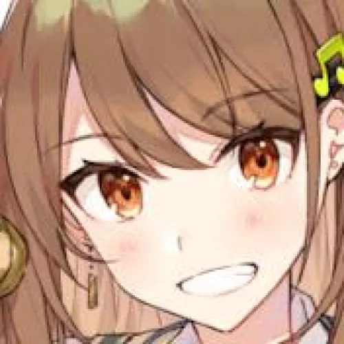 LF color source:1girl, crop, brown hair, brown eyes, smiling, teeth, music note hair ornament, bangs by gmdragon