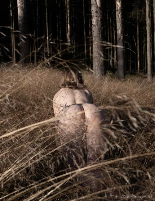 Nude frolicking in high grass by Fernfairygoeswild