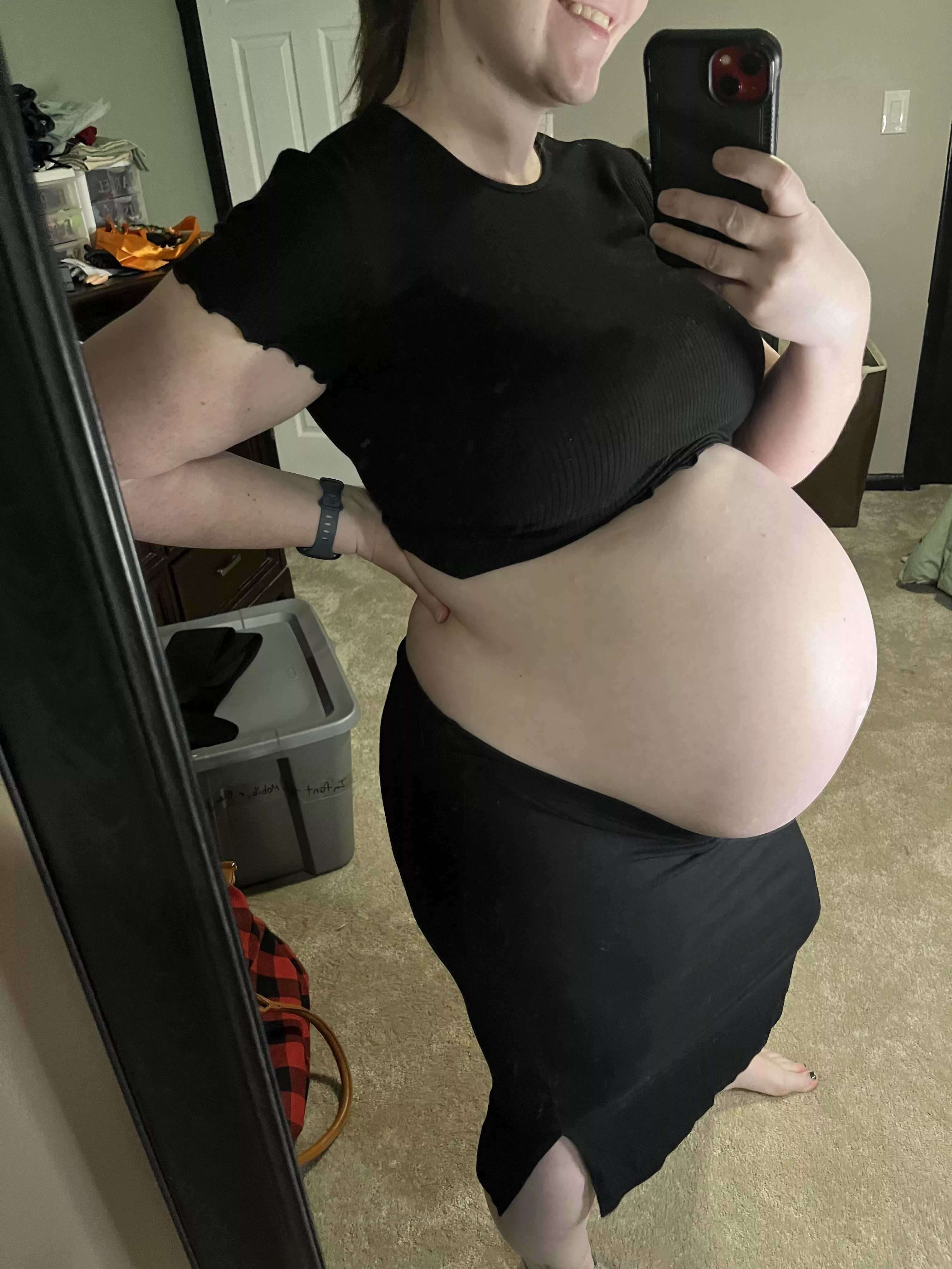 Crop top and skirt really show off my pregnant belly well ;) posted by preg_mom_of_twins