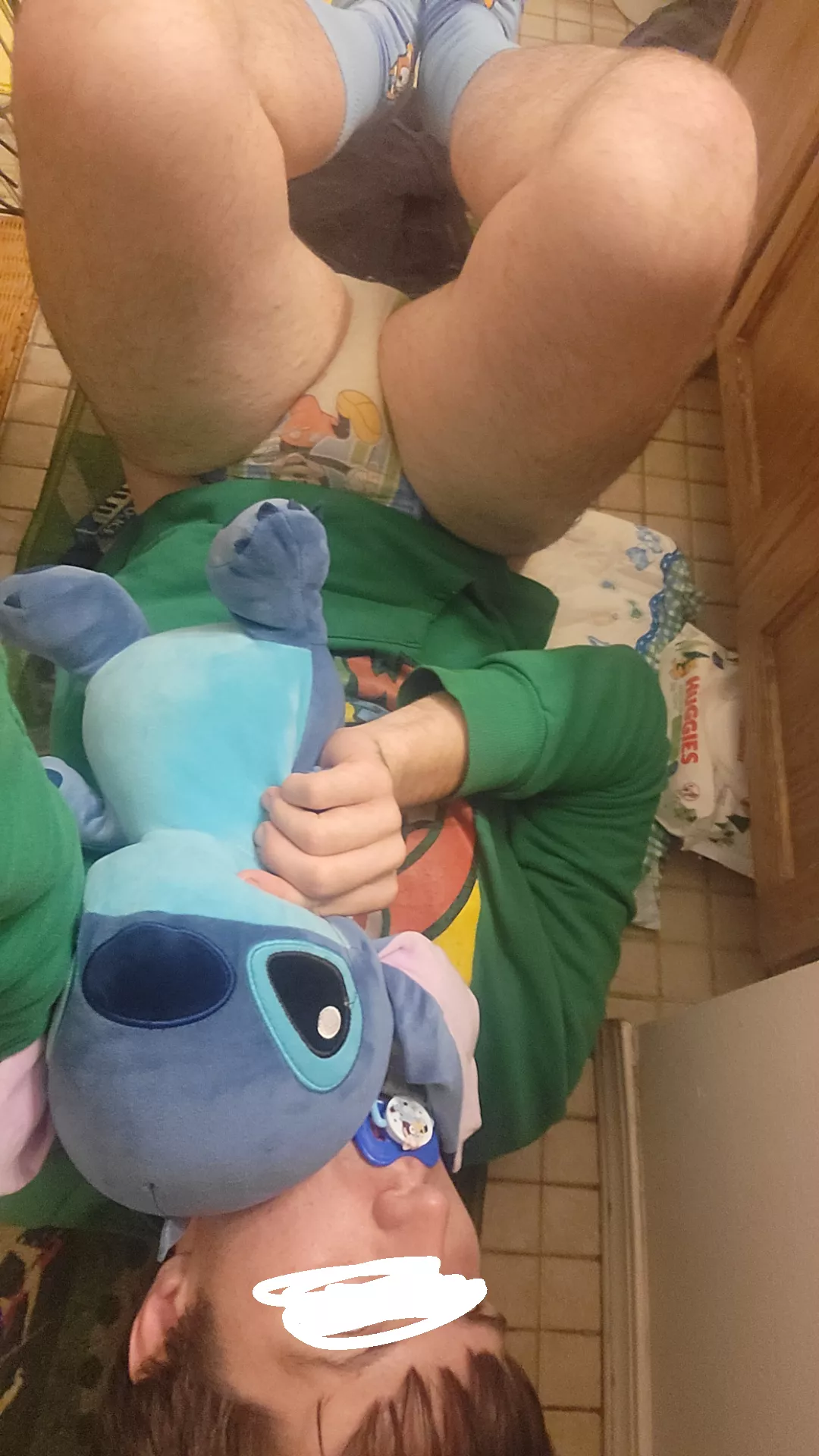 Me and Stitch just chilling about to get ready for the day 👶🏻🍼😊💙. Time for a diapee change 😊👶🏻🍼💙💕💙 posted by LittleBlueyRanger