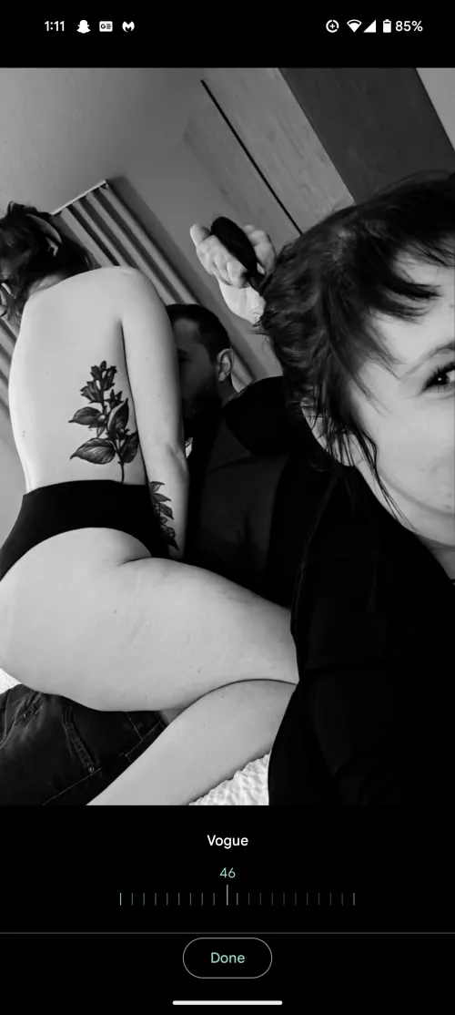 Best friend and hubby 🥰 Laying on me as a backrest while burrying himself in my best friend's tits. Also taking the fuck out of my hair... by heyitsxxem444