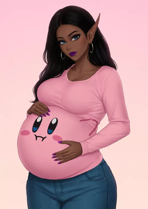 My OC Iris looking very cute and sexy with her amazing baby bump looking like Kirby mid-flight! 😍 Drawn and painted by the very talented umigraphics! Link to his page below. This is my second Kirby com. This time from the original artist that came to  by TheMadParadox002