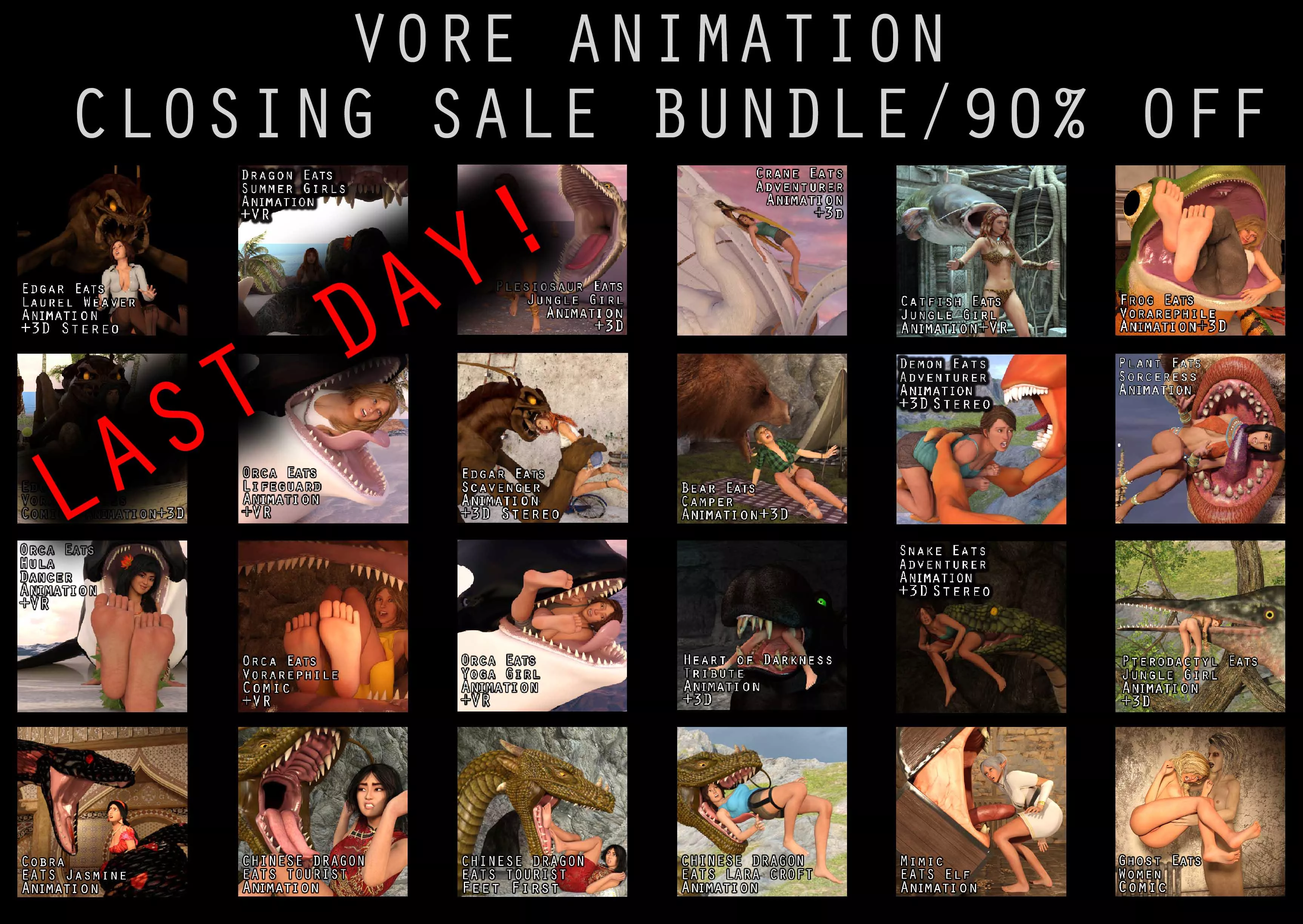 {Video} LAST DAY 90% OFF! Vore Animation Closing Sale(?/Non-Human Preds)(F/Human)(Soft)(Oral)(unwilling)(nsfw)(OC: WormsignVore Animations)  posted by WormsignVore