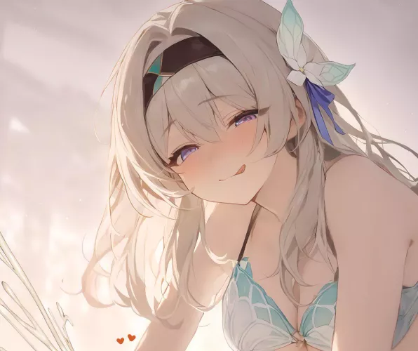 LF Color Source: 1girl, heart, gray hair, headband, long hair, bra, clouds, sexually suggestive, tongue out, blushing, purple eyes, Honkai Star Rail, Firefly (Honkai Star Rail), cleavage, shoulders, flower ribbon, white liquid by Simpsons138