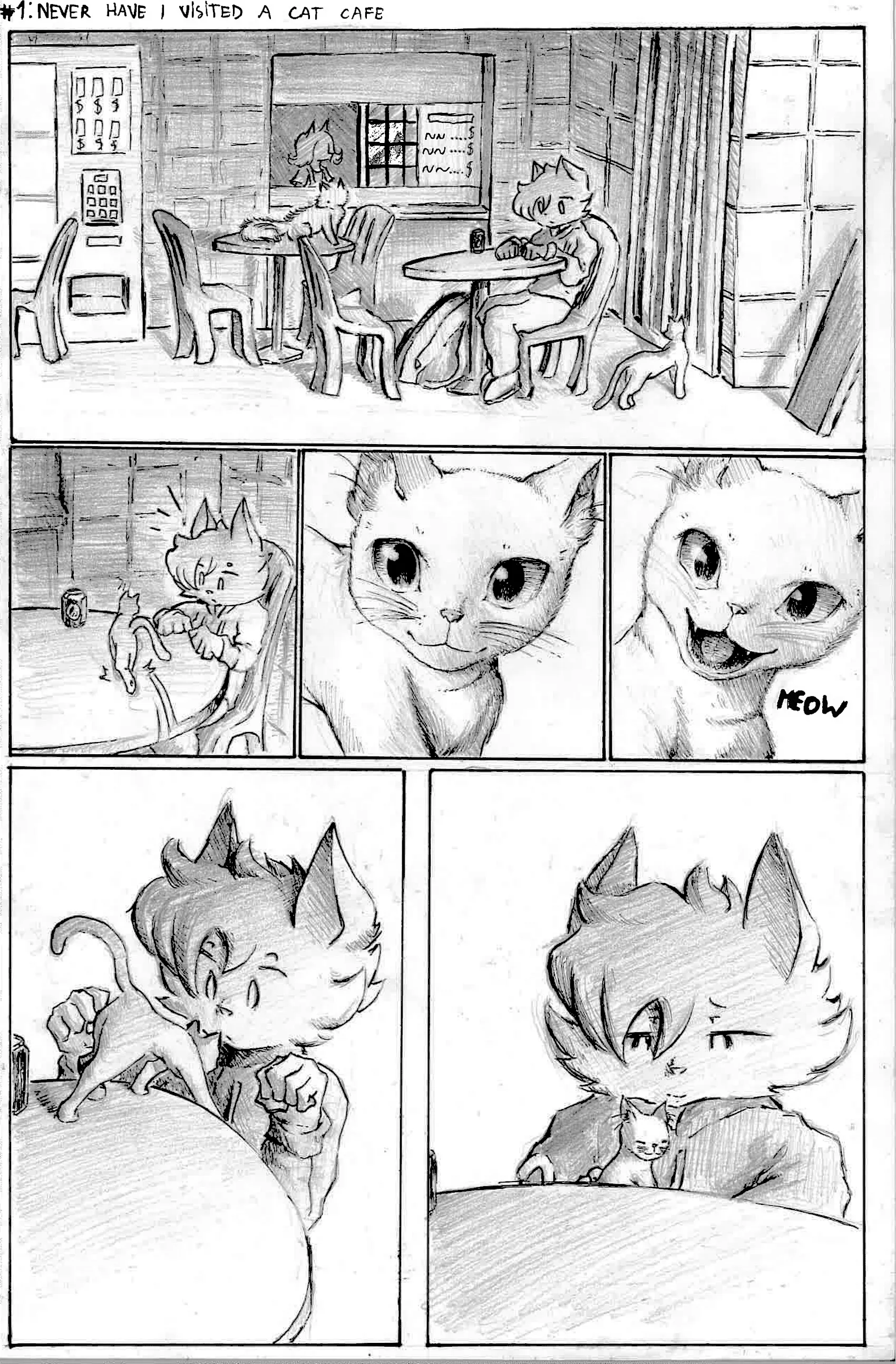 Never have I been to a Cat Cafe (Ink and pencil, scanned) posted by Omakase123