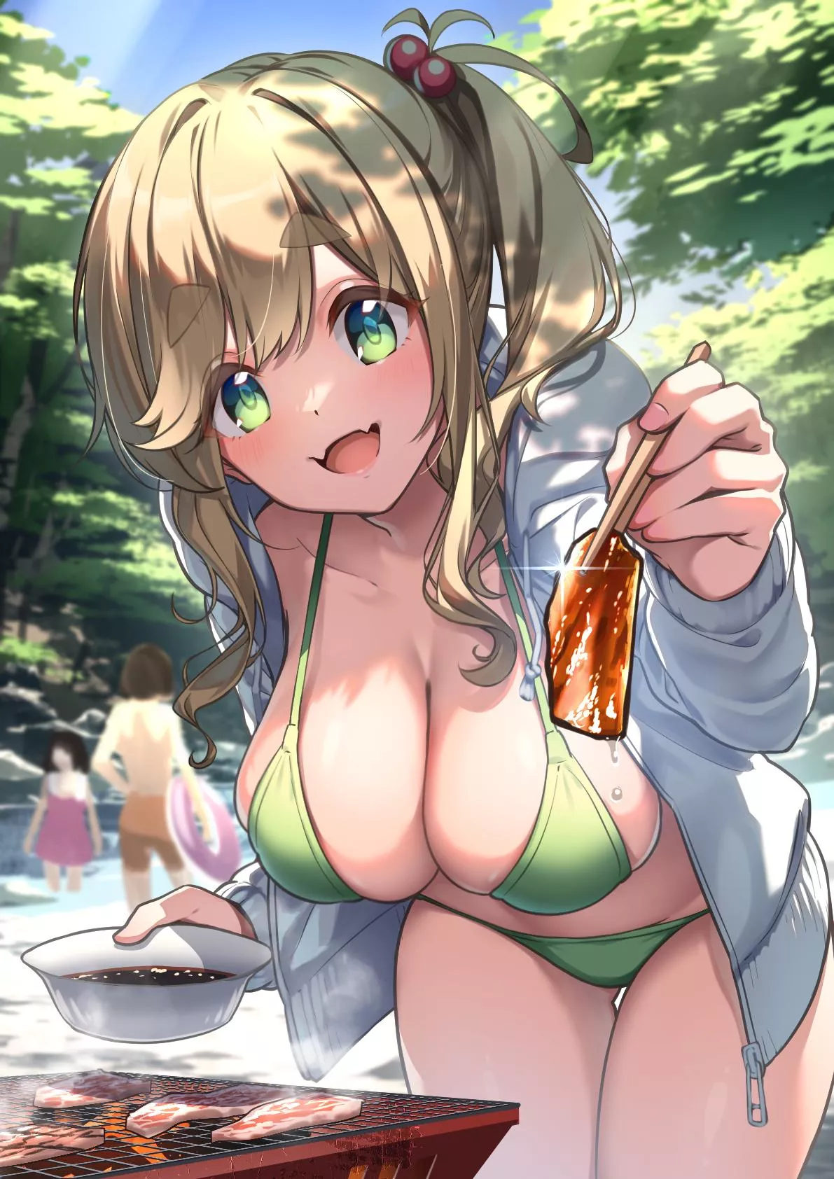 Inuyama Aoi offering her BF to try BBQ silced meat in the riverbank [Yuru Camp] (Kuromasu) posted by ecchi_neko