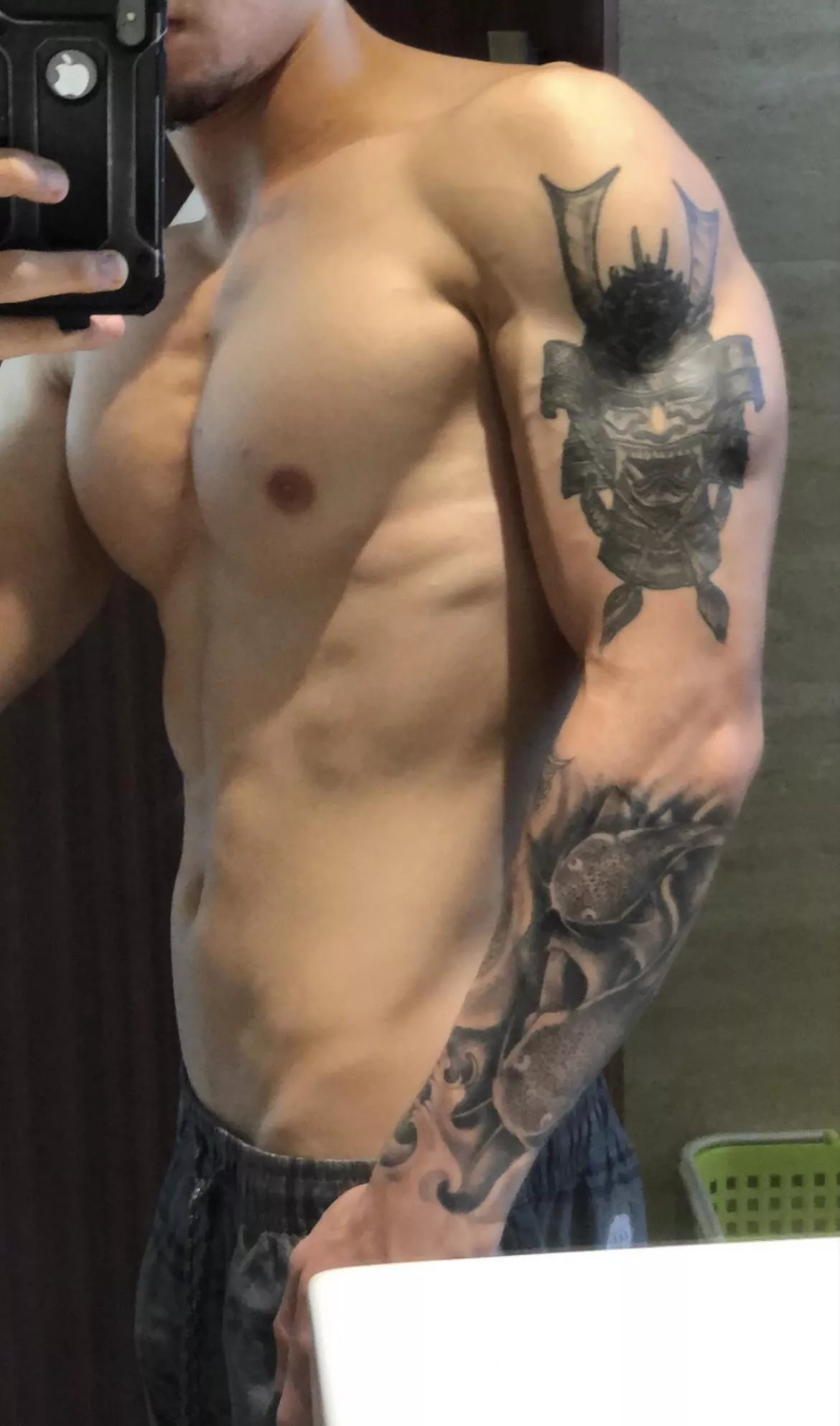 My muscular body and it’s dark grey & black ink 😈 posted by TheeGuyDerek