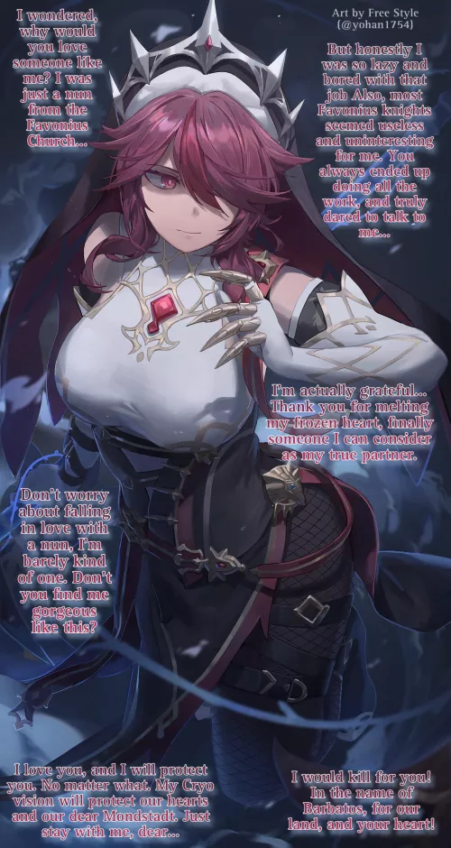 You’re a lucky Favonius knight [Rosaria] [Genshin Impact] [Nun] [No sex] [Romance] [Yandere? Kuudere?] by Dark_Chepo