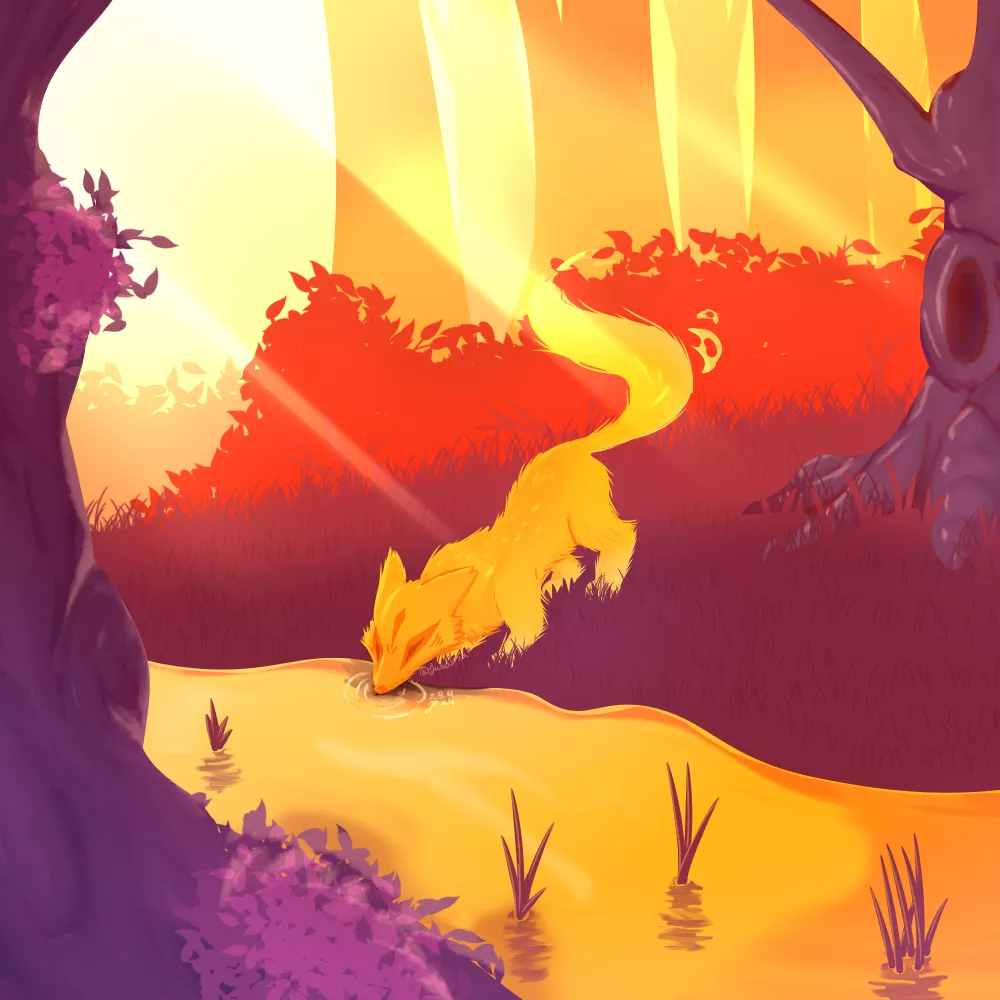 A good morning for a spirit fox (art by me [Jusauria]) - more details in comments posted by jusauria_sfw