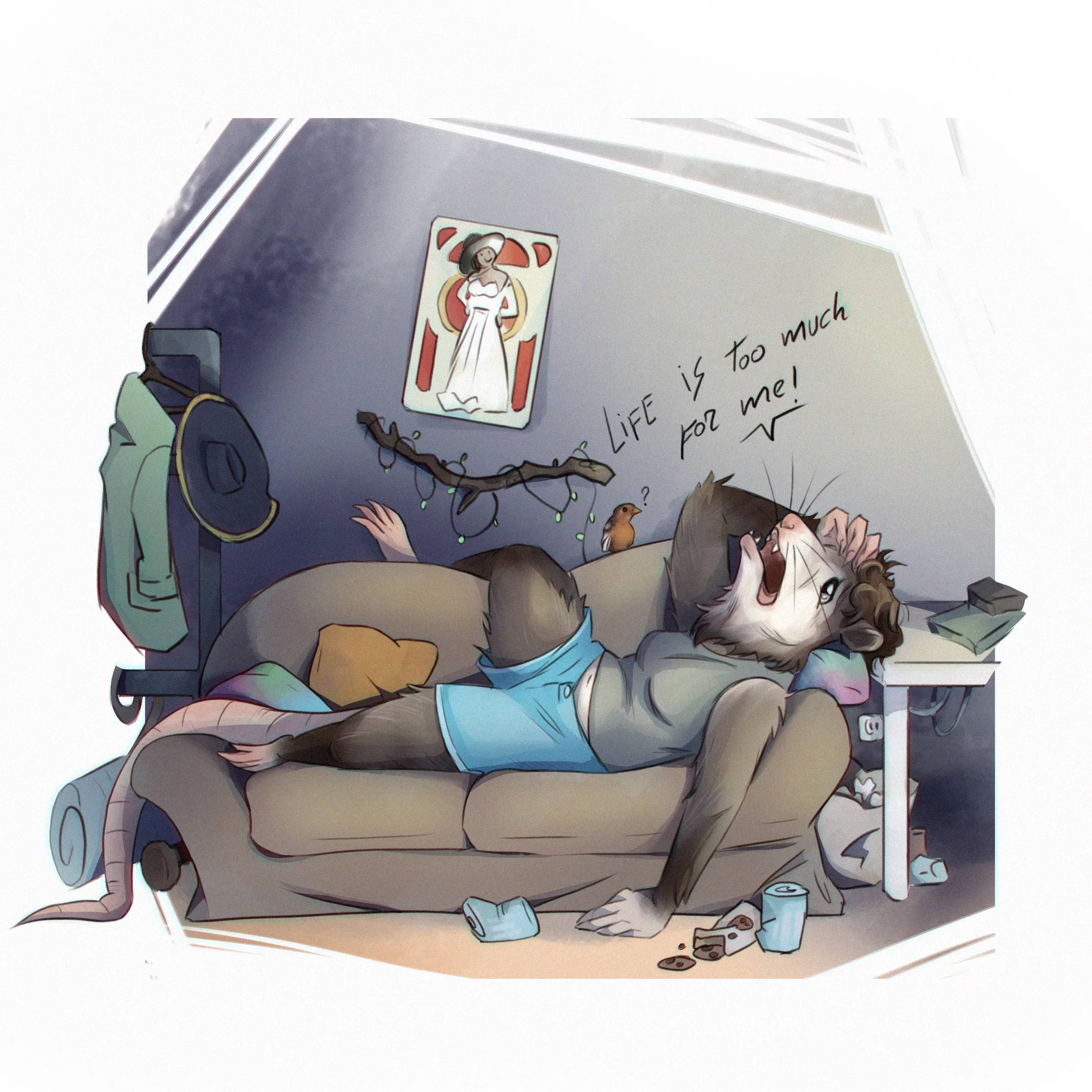Finally, my own fursona is done. Just a depressed opossum dealing with life :D posted by Blocked-Muse