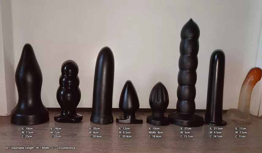 My dildo collection with their respectable sizes beneath each one of them by Akyloo