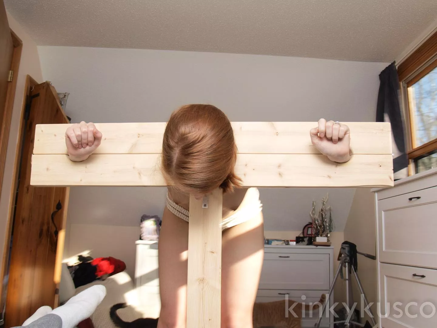 My then-fiancee locked in the pillory I made for her in college posted by kinkykusco