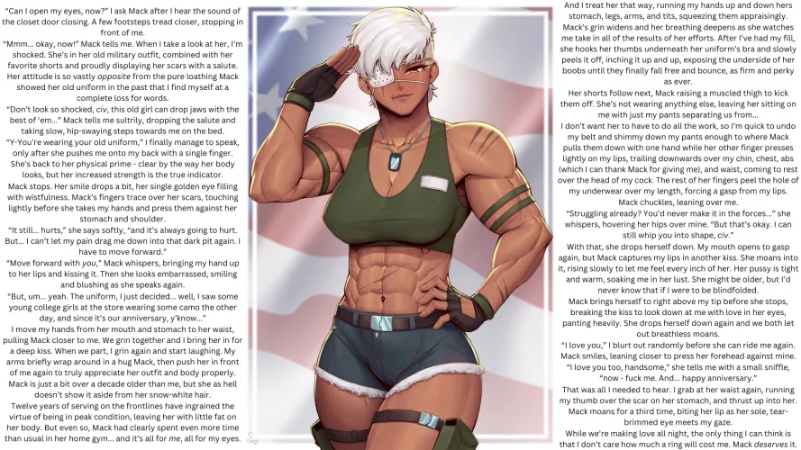 [Older Veteran Girlfriend with Muscles & Eyepatch] Has [Wholesome Anniversary Cowgirl Sex] with [Male Reader], in [Old Military Uniform]. [Healed War Trauma] and [Marriage] are discussed; [Slight Muscle Worship] also present. Artist is [SpeedL00ver]. by New_Delay9909