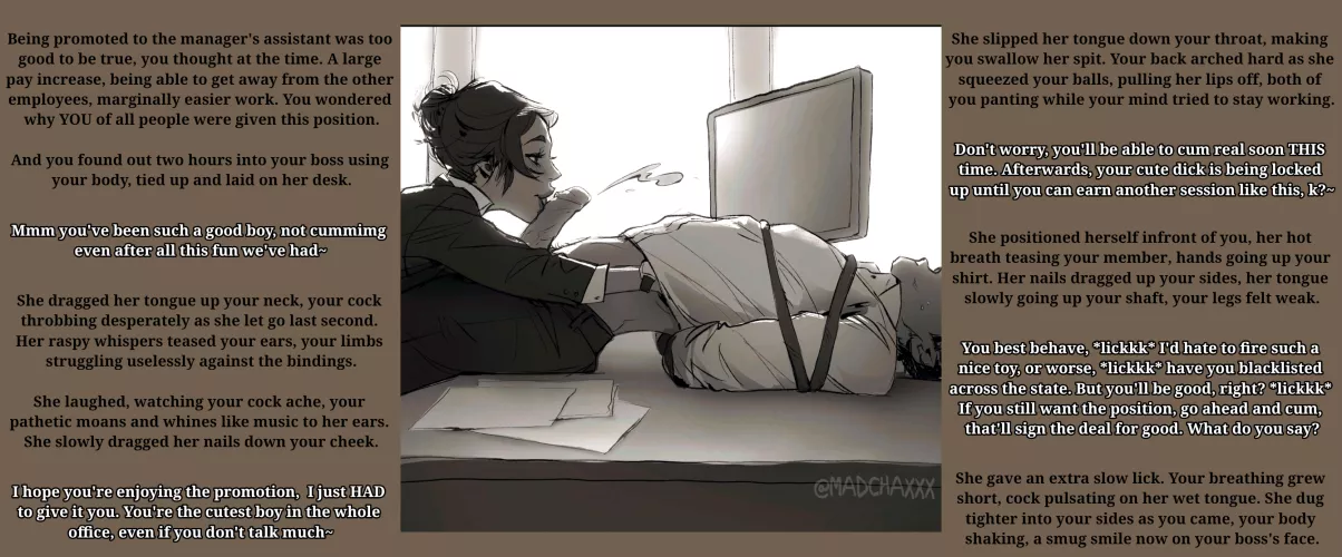 Hell of a Promotion (Artist: Madchaxxx) [Femdom] [Office] [Straight] [Edging] [Bondage] by heroguyboy