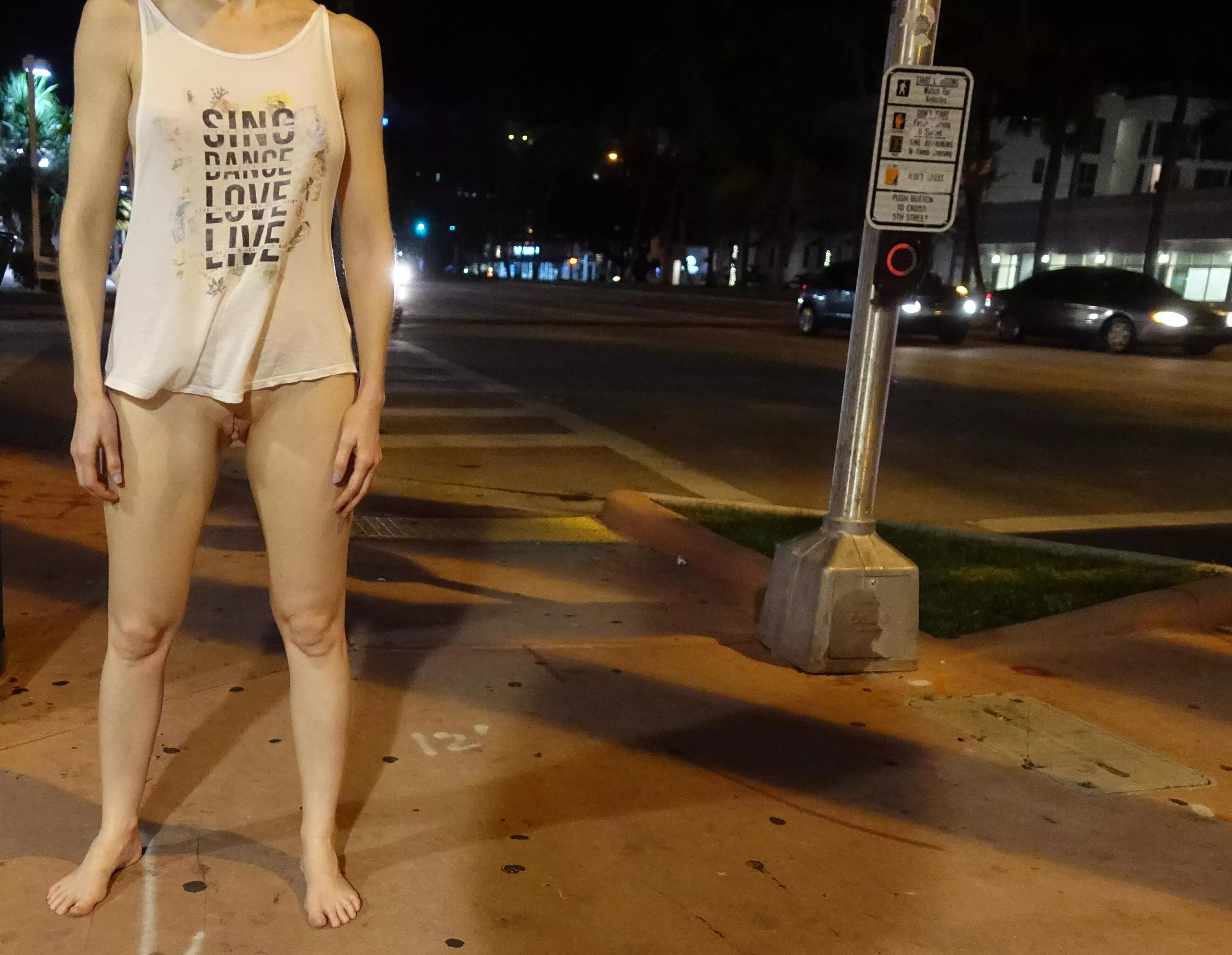 Bottomless & barefoot on a busy street posted by miaexhib