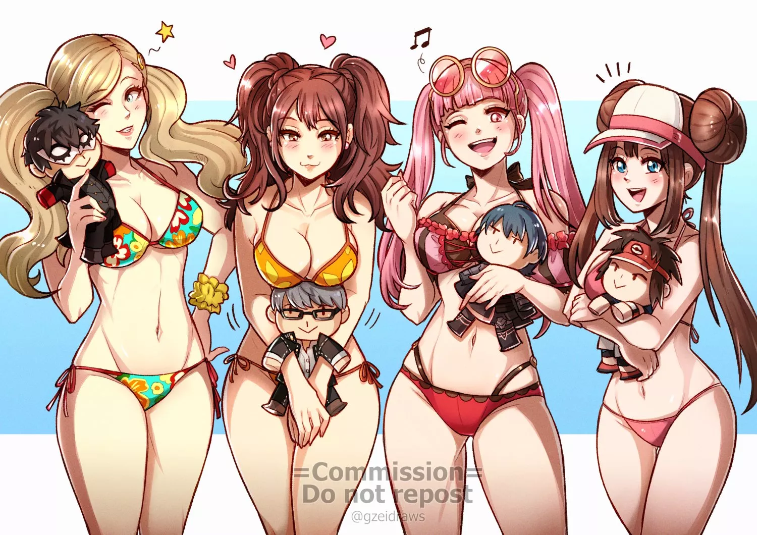 Commissioned bikini Hilda and her fellow twintail girls Ann, Rise and Rosa holding plushies of their boyfriends (Gzeidraws) posted by Terran117