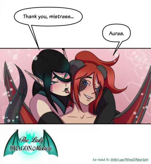 Emerald the lamia cozing up to Aurea the Lusty Dragon Mistress (comic panel) by NinaAberlein