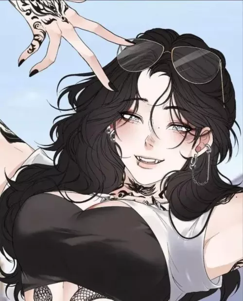 LF Color Source: 1girl, Black hair, Long hair, Tattoo, Glasses, Open mouth, Teeth, Fangs, Earrings, Black top, Blue background, Silver eyes, Lip piercing by Crimson_Eclipsee