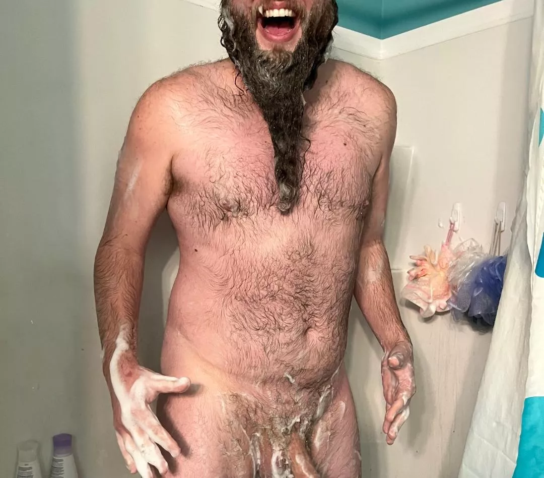Smiley in my happy place. 🚿😎 posted by BeardeddBombshell